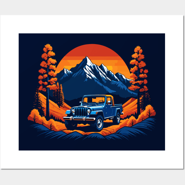 Vintage Jeep Pickup Fall Mountain Scene Wall Art by SunGraphicsLab